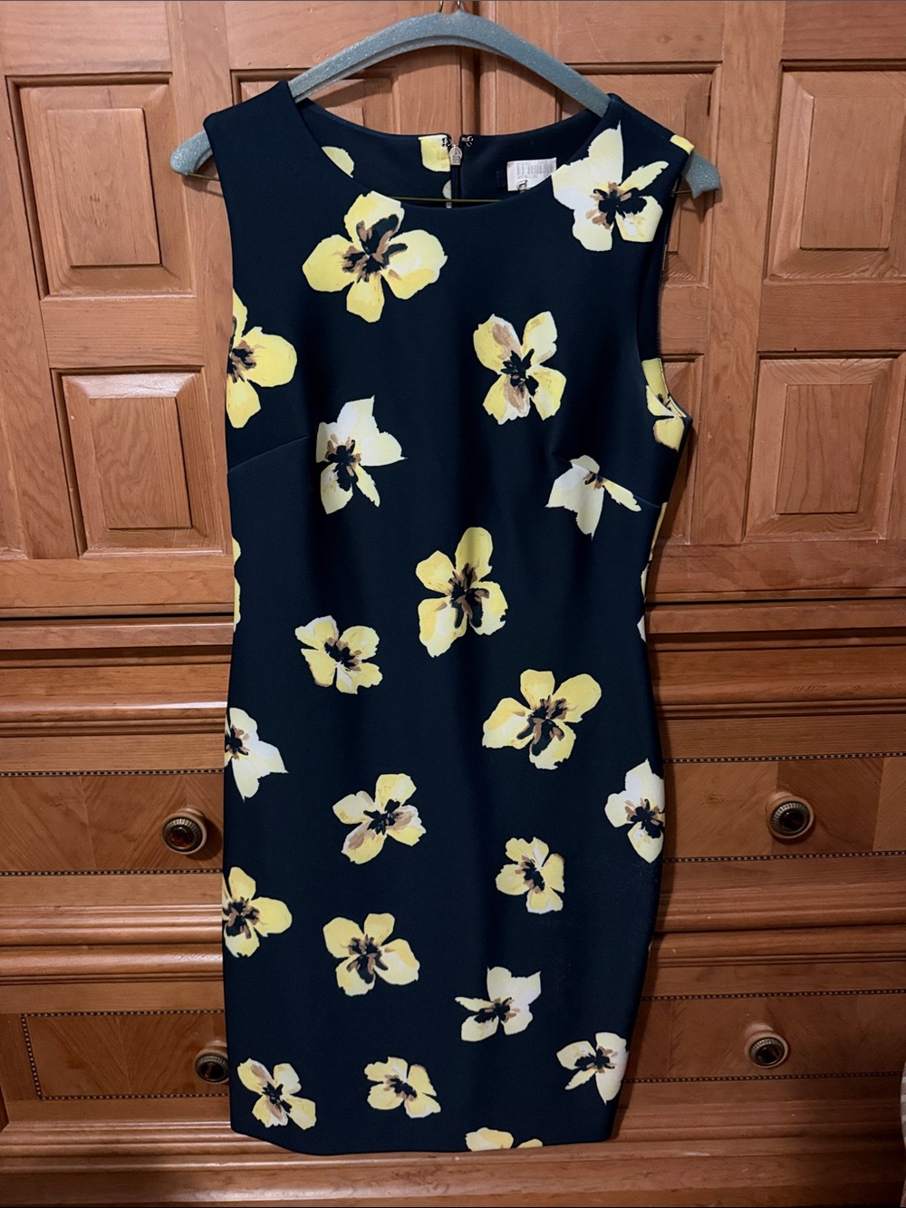 Sleeveless Navy Blue Dress with Yellow Floral Print
